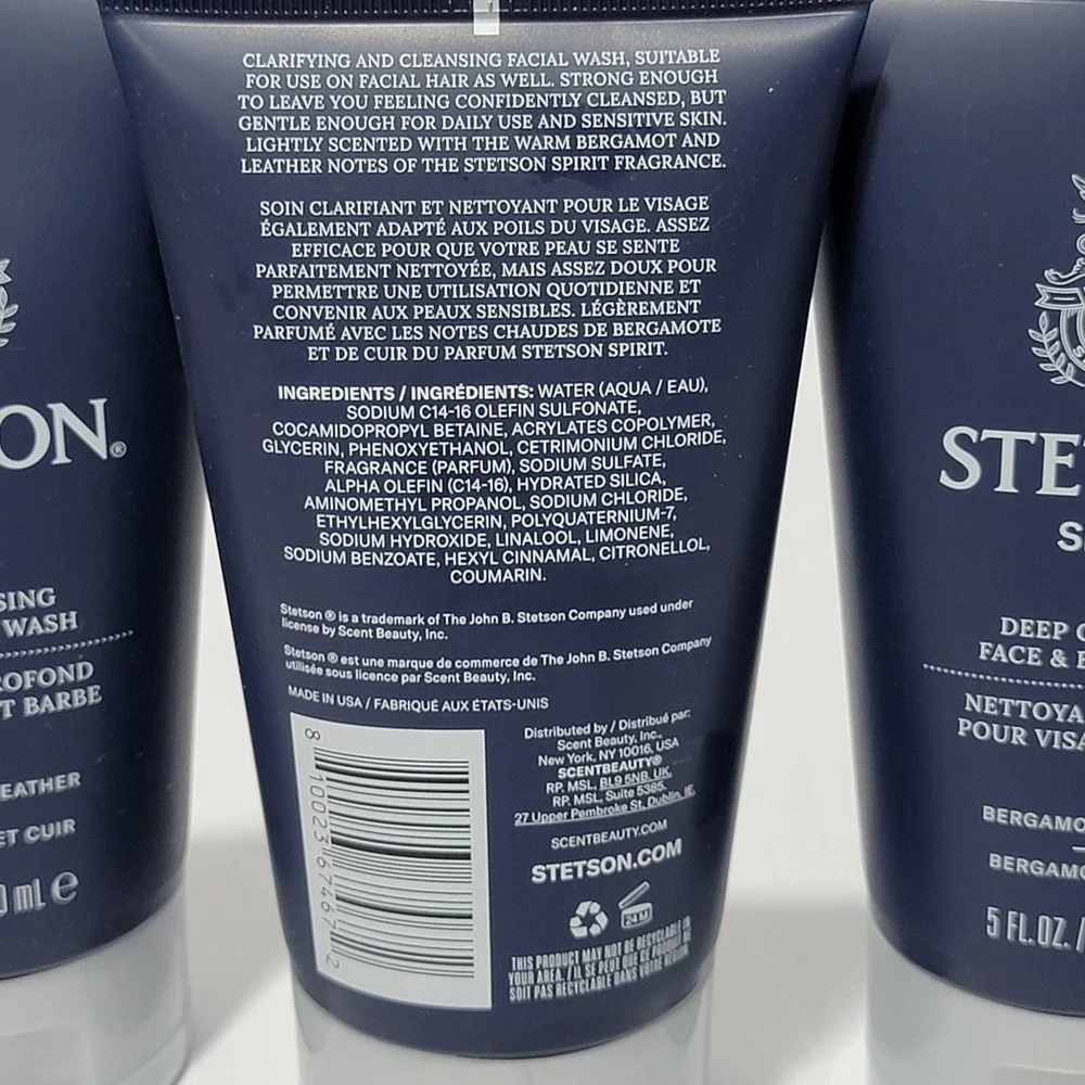 3pk Stetson Spirit‎ Deep Cleansing Face and Beard Wash Bergamot Leather 5oz New